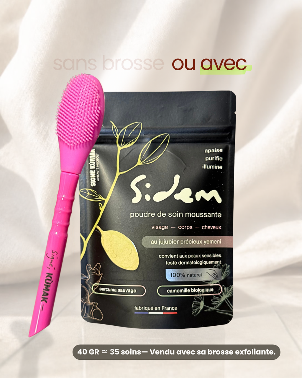 Sachet SIDEM 40 g et brosse visage en silicone rose Signé Kùmak