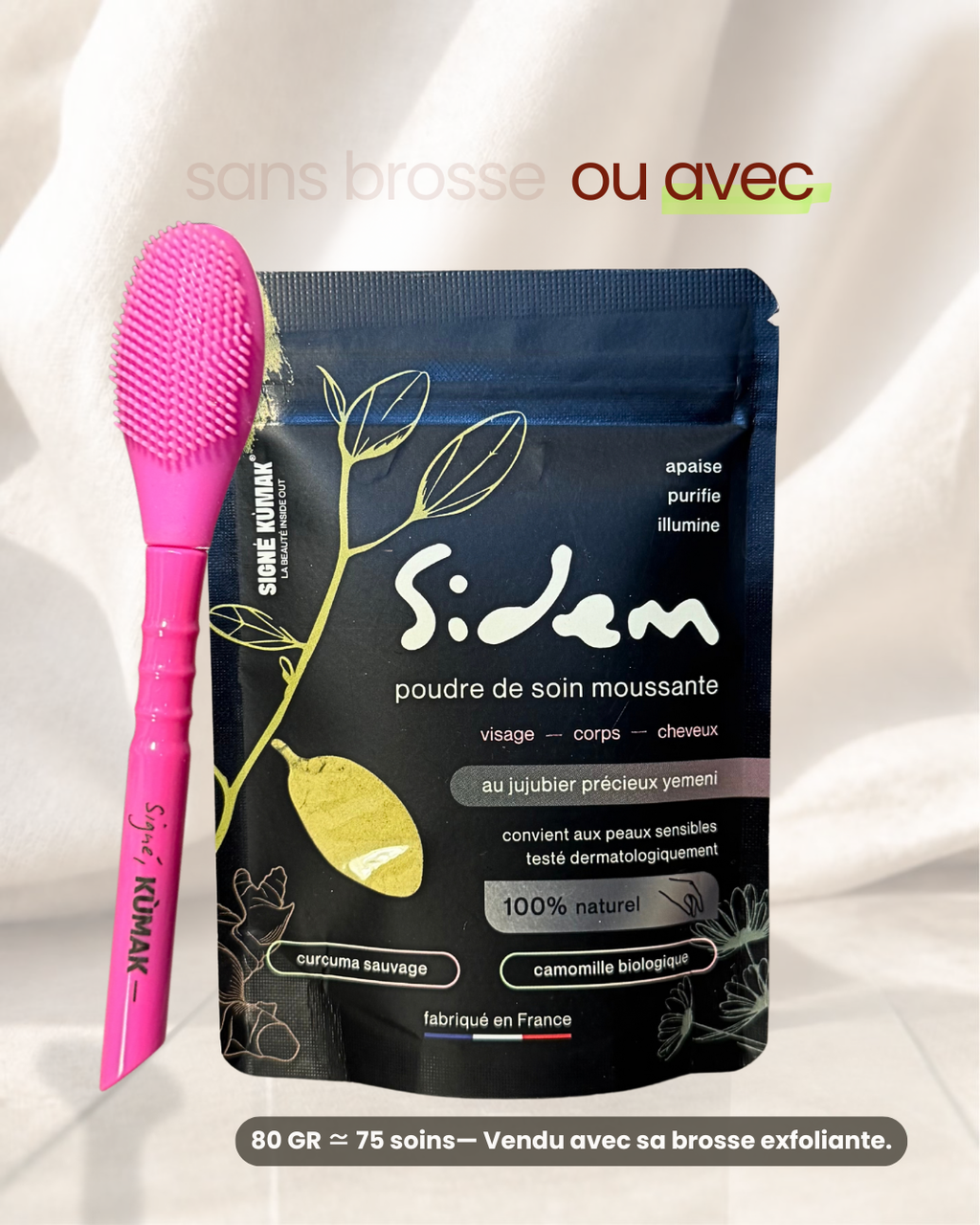 Sachet SIDEM 80 g et brosse visage en silicone rose Signé Kùmak