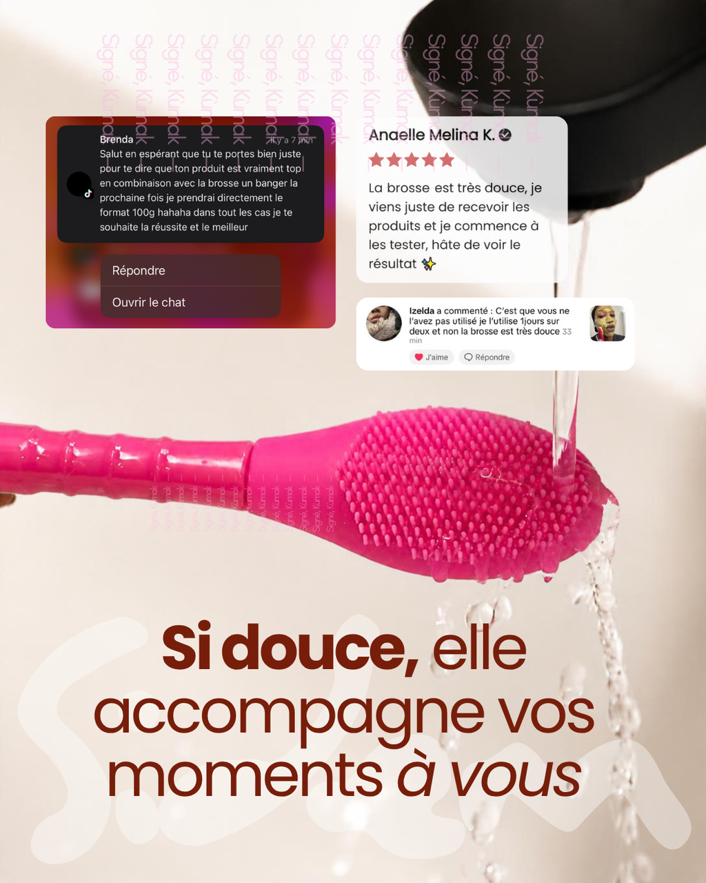Brosse visage en silicone rose Signé Kùmak sous l'eau, avec avis de clientes