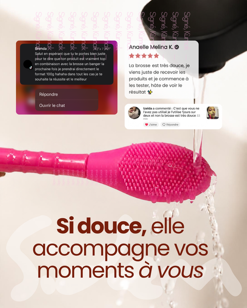 Brosse visage en silicone rose Signé Kùmak sous l'eau, avec avis de clientes